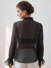 MOTF PREMIUM POLKA DOT FRILL MOCK NECK FLARE SLEEVE SEMI-SHEER BLOUSE